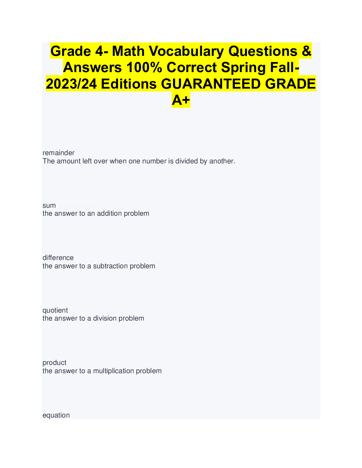 Preview image for Grade 4- Math Vocabulary Questions & Answers 100% Correct Spring Fall-2023/24 Editions GUARANTEED GRADE A+
